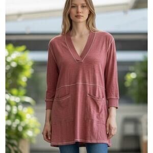 Natural Life Tunic Top Lagenlook Boho Cotton Oversized Patch Pocket Brown SZ L